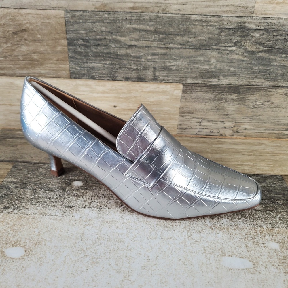 Journee Celina Womens Pump Sz 8 M Silver Croco Kitten Heel Square Toe Slip On